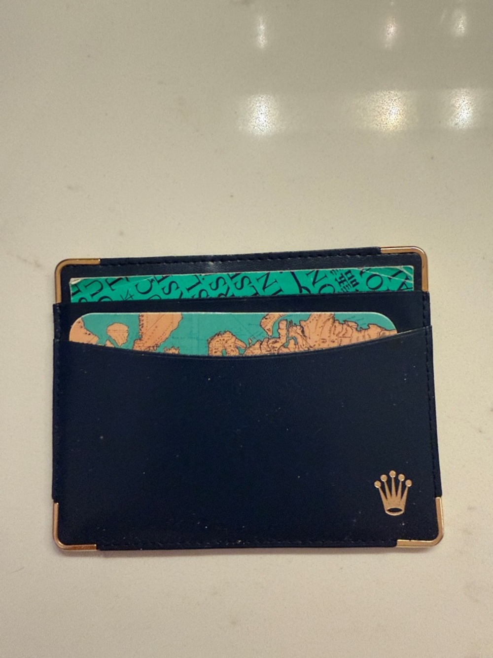 Authentic Rolex Navy Leather Card Holder with Gold Accents